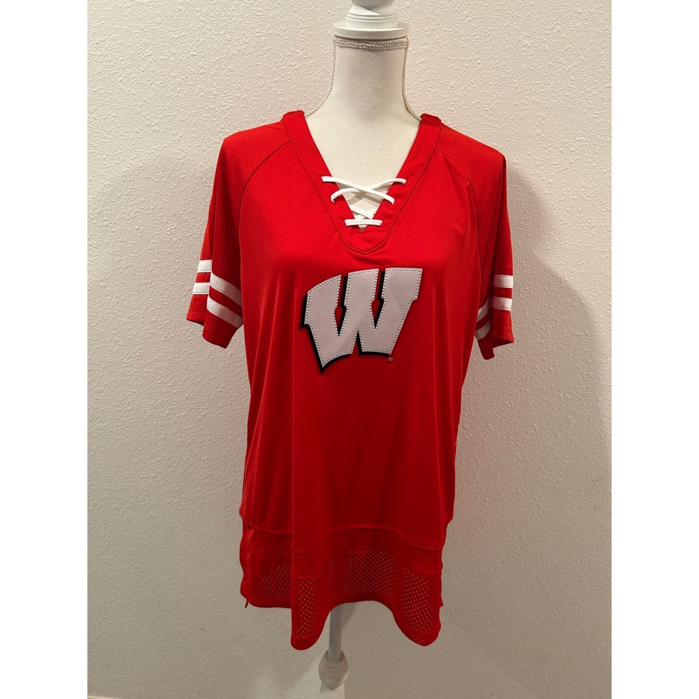 Wisconsin Badgers Women Red Lace Up V-Neck Jersey Short Sleeve Shirt XL W Logo